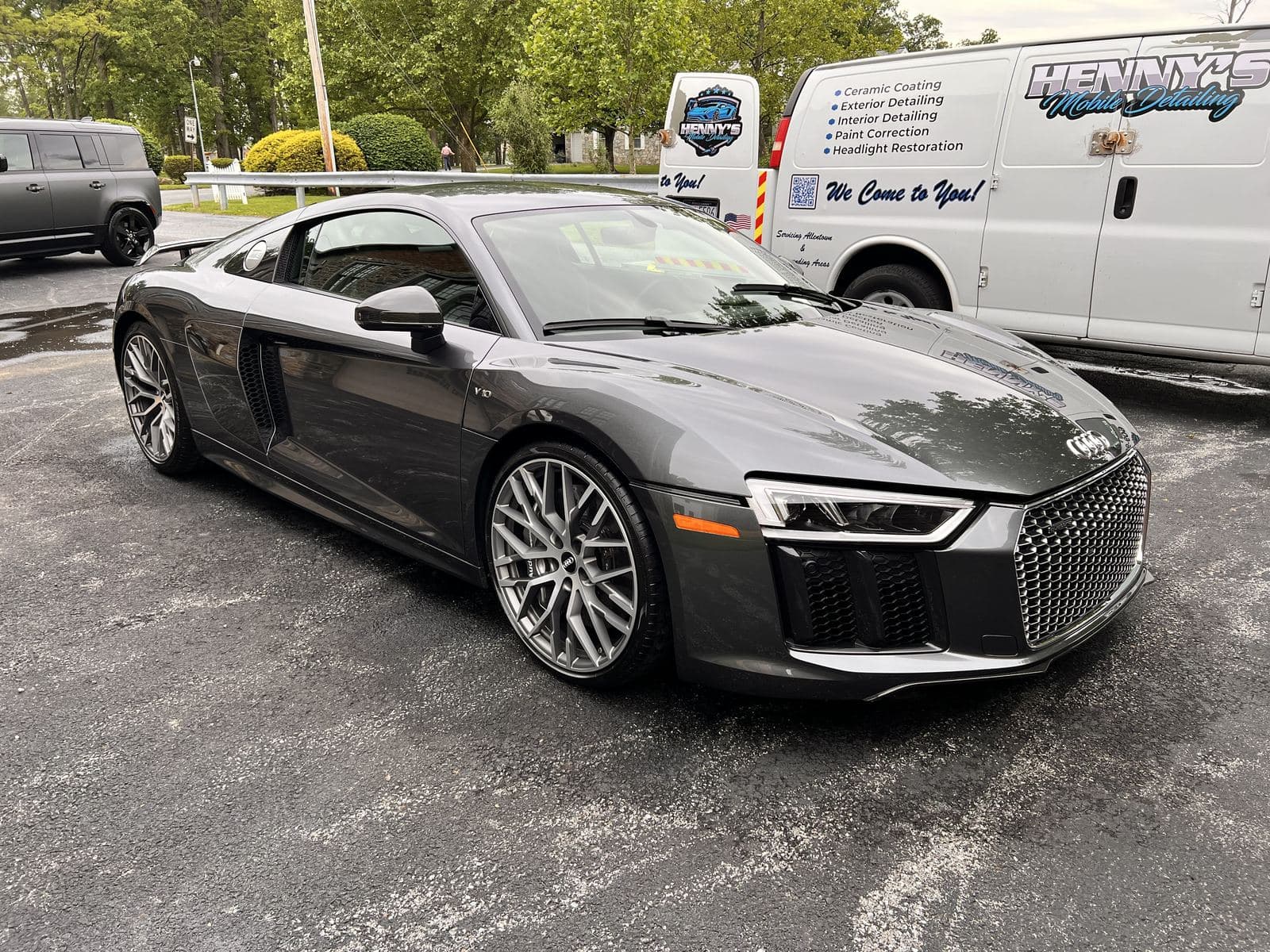Freshly detailed Audi R8 in front of the Henny's van